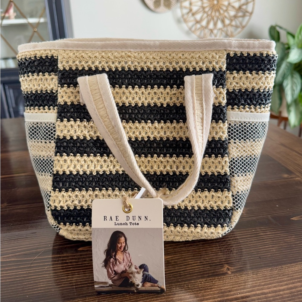 NWT Rae Dunn‎ Black and Tan Striped Raffia Lunch Tote Bag